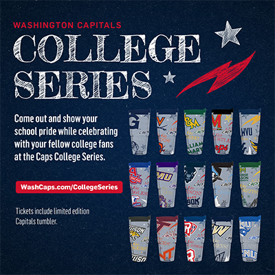 A Washington Capitals graphic promotes the College Series with team-themed tumblers representing various schools.