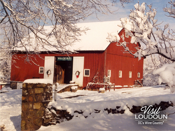 A fresh snowfall at Willowcroft Farm Vineyards, which is decorated for Christmas.