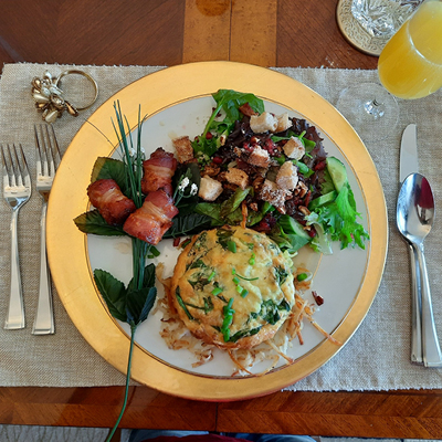 A beautifully plated savory breakfast from Hidden View Bed & Breakfast in Hillsboro.