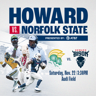 Graphic promoting the Howard University Bison versus Norfolk State Spartans football game on Saturday, November 22 at 3:30 PM at Audi Field, presented by AT&T.