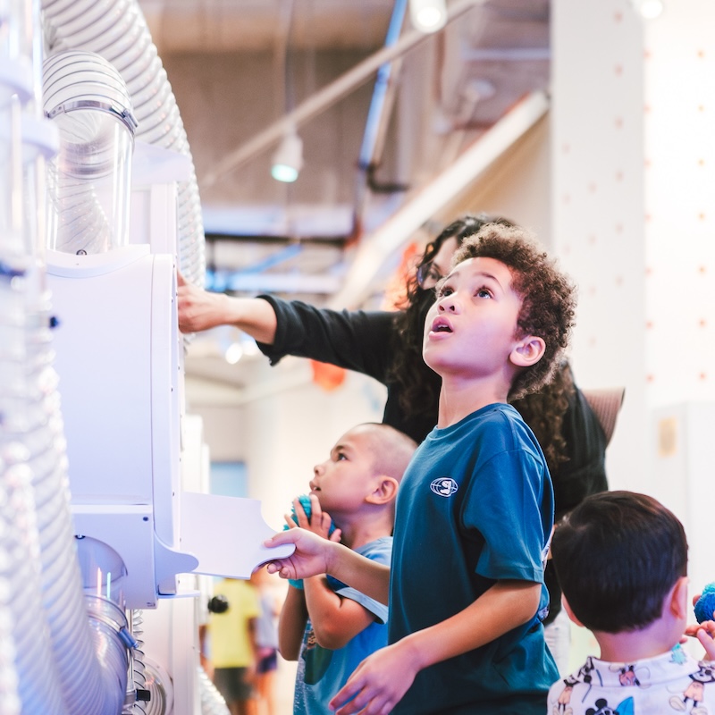 A child looks up in awe while interacting with an air-tube exhibit.