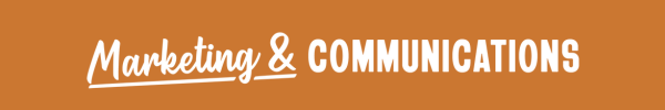 Stylized text reading 'Marketing & Communications' on an orange background.