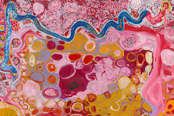 Colorful abstract dot painting with flowing lines and layered textures inspired by Indigenous Australian art.