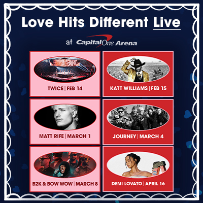 Promotional graphic for Valentine’s Day concerts at Capital One Arena in Washington, DC featuring TWICE, Katt Williams, Matt Rife, Journey, Bow Wow and Demi Lovato.