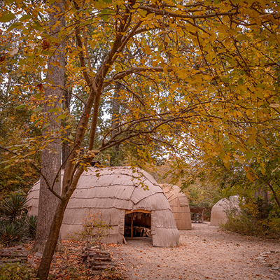 A re-created Powhatan village at Jamestown Settlement.