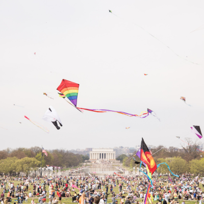 A rainbow-colored kite flies above the National Mall, filled with eventgoers at the Kite Festival.
