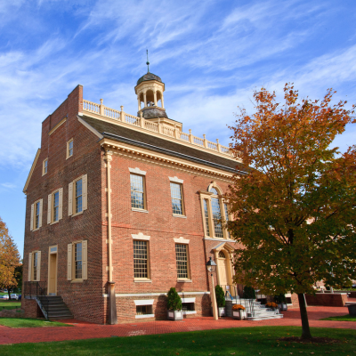 The Old State House, known as the first capital building in Dover, DE, from an aerial view.