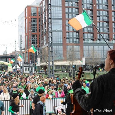 Musician performing on stage at The Wharf during the Ireland at The Wharf event, overlooking a large crowd dressed in green with Irish flags waving against a city waterfront backdrop.