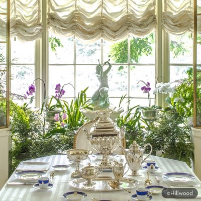 Elegant dining room at Hillwood Estate featuring a set table with fine china and silver, surrounded by lush indoor plants, tall mirrored windows and an ornate chandelier overhead.