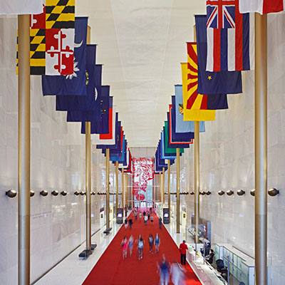 Flags hanging in the Hall of States at the Trump Kennedy Center