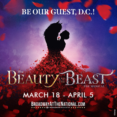 Promotional poster for Disney’s Beauty and the Beast: The Musical at Broadway at The National, showing silhouettes of Belle and the Beast formed from swirling red rose petals with performance dates March 18–April 5.