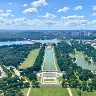 View from the top of the Washington Monument overlooking the National Mall, with the Lincoln Memorial, Reflecting Pool and surrounding parkland stretching toward the Potomac River.