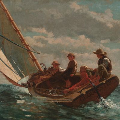 Painting of four boys sailing a small wooden boat across choppy water under a cloudy sky, with another sailboat visible in the distance.