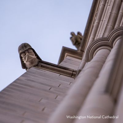 Close-up view of the Darth Vader grotesque carved into the exterior of the Washington National Cathedral.