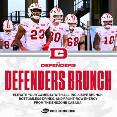 Promotional graphic for DC Defenders Brunch featuring football players in uniform above text advertising a gameday brunch with drinks and endzone views.