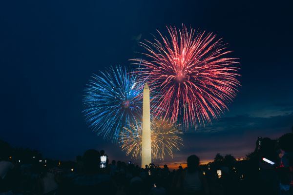 Fireworks bursting over the Washington Monument on the National Mall at night, with spectators watching from the lawn below.