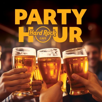 Promotional graphic for Hard Rock Cafe happy hour showing people clinking glasses of beer with bold “Party Hour” text overhead.