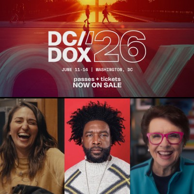 Promotional graphic for DC/DOX 2026 featuring the Washington Monument at sunset and portraits of featured speakers, with text announcing festival dates June 11–14 in Washington, DC.