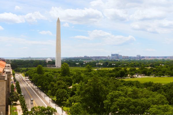 Elevated daytime view of the National Mall in Washington, DC, featuring the Washington Monument rising above green lawns and tree-lined paths under a partly cloudy sky.