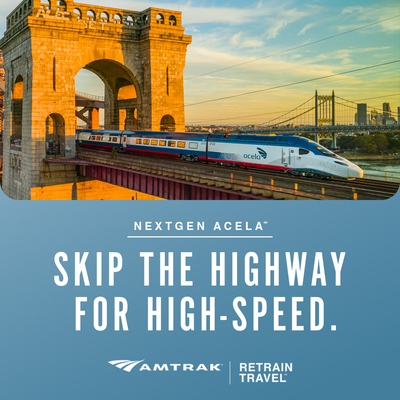 Promotional graphic for Amtrak’s NextGen Acela featuring a high-speed train crossing a bridge at sunset, with text encouraging travelers to “Skip the highway for high-speed.”