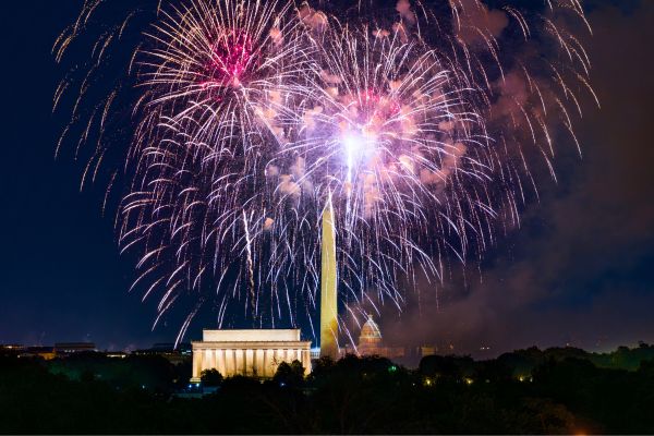 Fireworks bursting above the Washington Monument and Lincoln Memorial on the National Mall during a nighttime celebration.