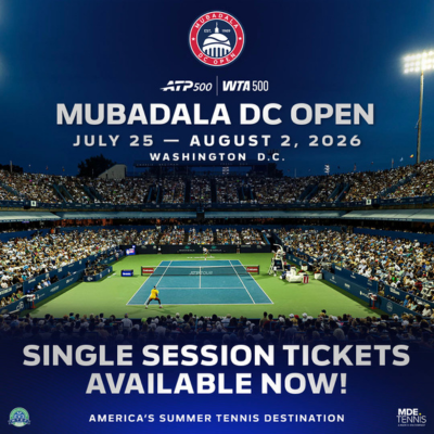 Promotional graphic for the 2026 Mubadala DC Open, featuring a packed tennis stadium at night and announcing single-session tickets on sale.