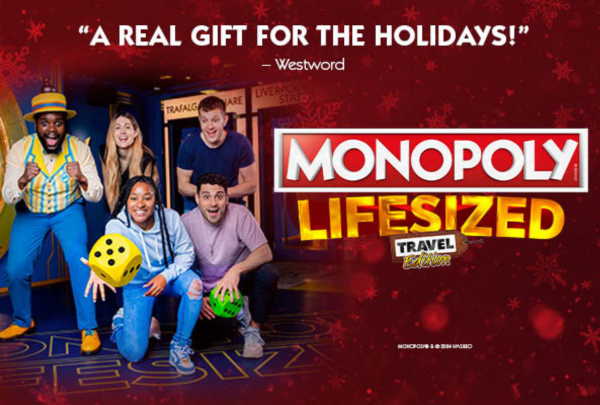A group of people rolling dice with ''A real gift for the holidays'' quote from Westword and text that says ''MONOPOLY LIFESIZED TRAVEL EDITION''