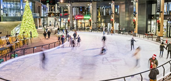 Ice skating rink with holiday tree