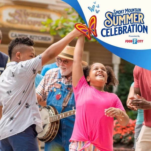 Family Dancing Together at Dollywood with Smoky Mountain Summer Celebration Presented By Food City Logo