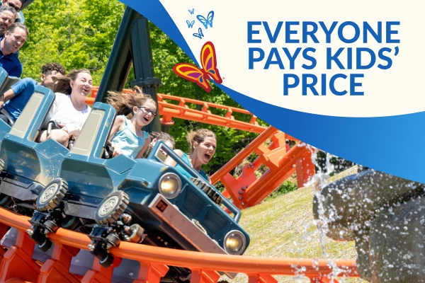 Big Bear Mountain Train Going Under Waterfall with 'Everyone Pays Kids Price' Text