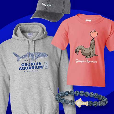 Assortment of merchandise from Georgia Aquarium, including shirt, bracelet, and hat. 