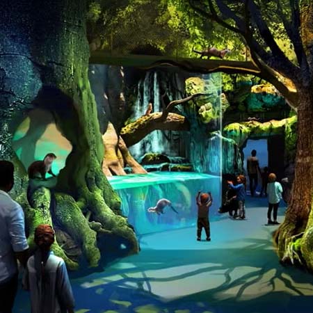 Visitors walking through a softly lit aquarium gallery surrounded by marine life.