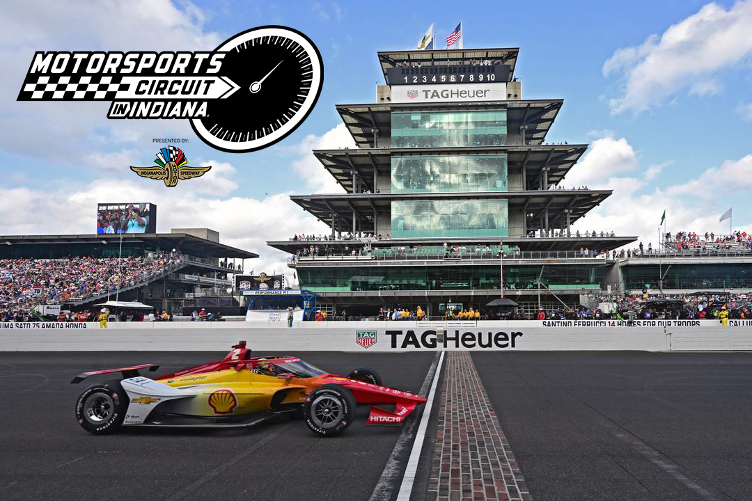 Cars at the starting line of the Indianapolis 500 and a logo for Motorsports Circuit IN Indiana