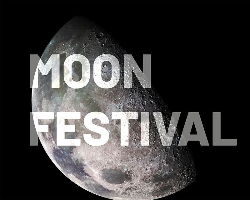 a moon in space with white text
