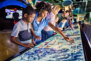 a group of people looking at a large display