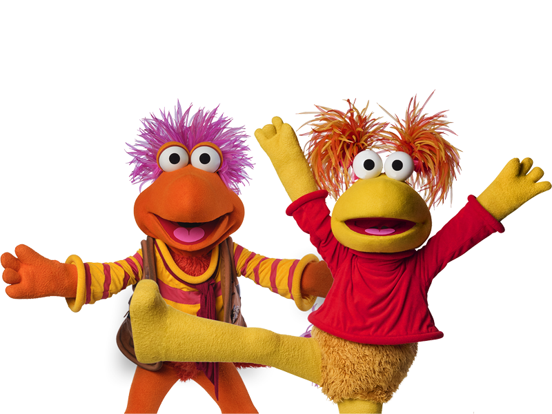 a group of puppets with arms raised