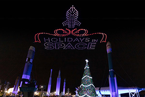 a christmas tree and rocket shaped lights