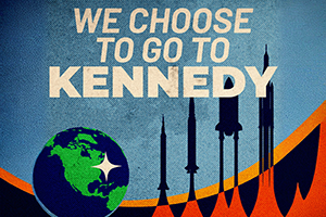 a poster with a rocket ship silhouettes and earth