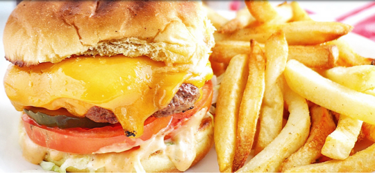 A close-up for a cajun burger and french fries.