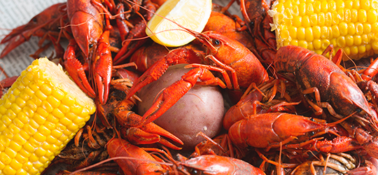 A close up of a tray of boiled crawfish, potatoes and corn in Jefferson Parish, Louisiana.