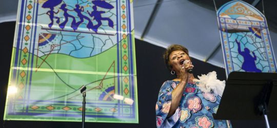 Irma Thomas performs on stage at the Gospel Tent at the Jazz and Heritage Festival in New Orleans.