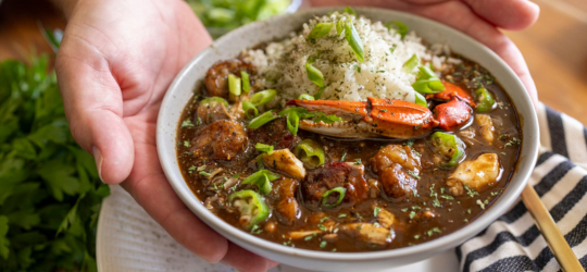 A close-up image of bowl of seafood gumbo.