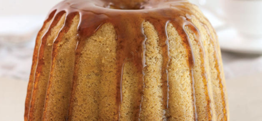An image of rum-soaked pound cake. 