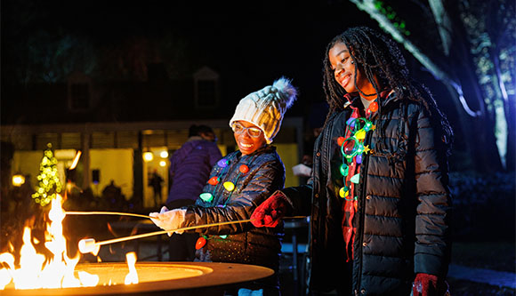 Two children roast marshmallows over an outdoor fire pit while wearing light-up necklaces.
