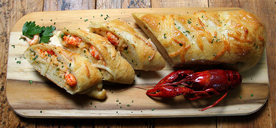An aerial view of crawfish bread.