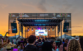 A crowd of people cheers during a concert.