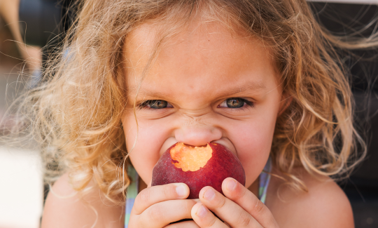 A child eats a fresh Louisiana peach.