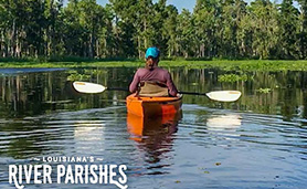 A person canoes along a lake surrounded by lush greenery.