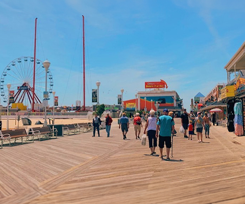 Picture of people walking down the Ocean City boardwalk.