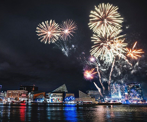 Picture of a fireworks display in the Baltimore Inner Harbor.